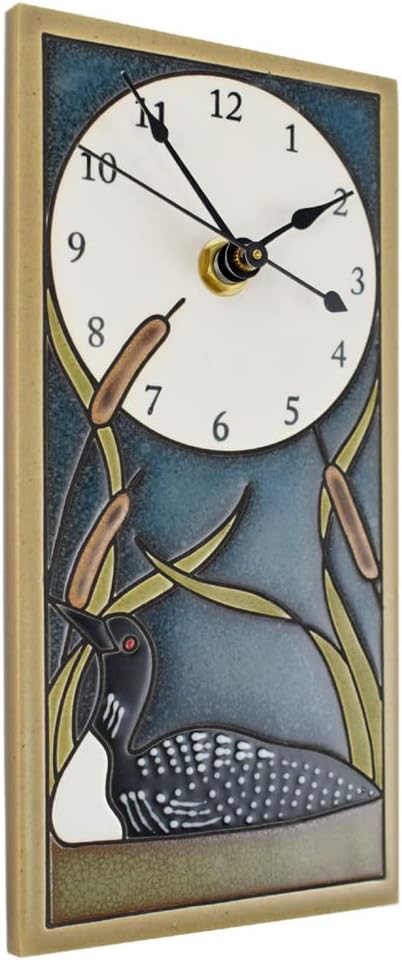 Modern Artisans Loon in Cattails Mini Ceramic Art Wall Clock, 3.75" x 7.75" | Artisan-Made, Earthy Colors
