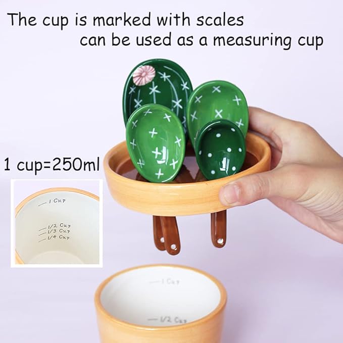 Cactus Measuring Spoons Set in Pot Ceramic Cute Measuring Cups and Spoons Unique Baking Gifts for Dry Wet Ingredients Dishwasher Safe 1 Tbsp 1 TSP 1/2 TSP 1/4 TSP 1 Cup Blue