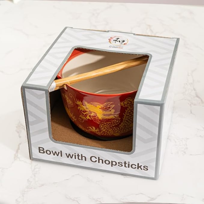 Urban Tokyo Handpainted Ceramic Glazed Japanese Ramen Udon Noodle Rice Bowl With Chopsticks 20 fl oz 5 inch Diameter Bowl Sets Color Box Packaging (Oriental Dragon Red)