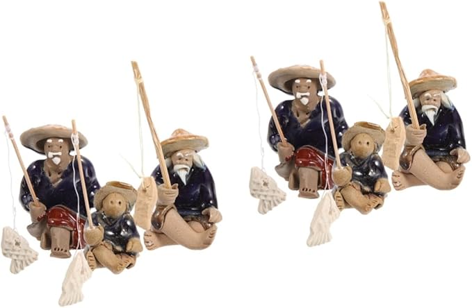 Mikikit 6pcs Ceramic Fisherman Figurines for Fish Tank Decor Miniature Fisherman Statue for Bonsai and Aquarium Lifelike Asian Sculpture Chinese Retro Style Landscape Ornaments