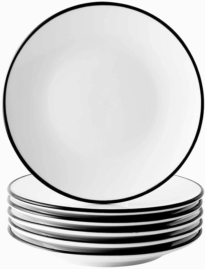 YOLIFE 6 inch Small Ceramic Plates, Appetizer Plates Set of 6, Dessert Plate for Cake Pie Snack with Black Trim