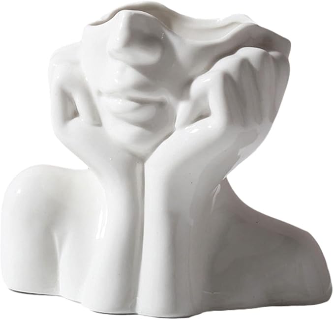 Ceramic Face Vase - Cute Half-Body Female Head Planter for Flowers, Modern Farmhouse Decor - Perfect for Desk, Table & Bookshelf, Home Accent (Small)
