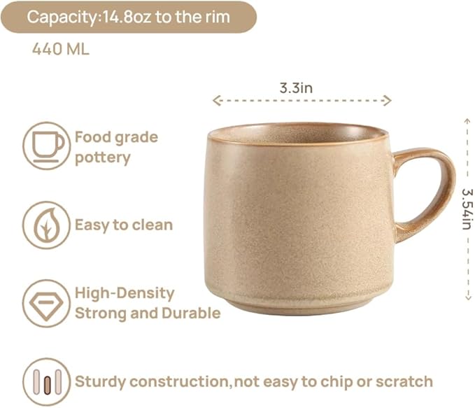 12oz Japanese Minimalistic Asian Aesthetic Rustic Handmade Ceramic Pottery Coffee Mug, Lead-Free Glaze Artisanal earthen Tea Mug, Sturdy Tea cup with handle, Handmade stoneware mugs for office (Khaki)