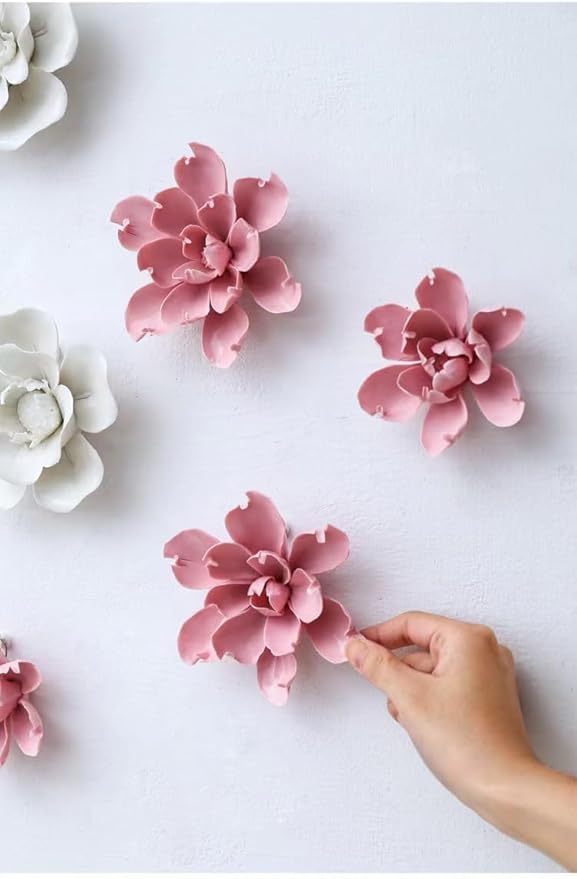 Rosa multiflora,3.54" Ceramic Flower Wall Art, Artificial 3D Flower Wall Art, Handmade 3D Wall Art Hanging Sculpture, Porcelain Flower Wall Decoration for Home Office Decor (White)
