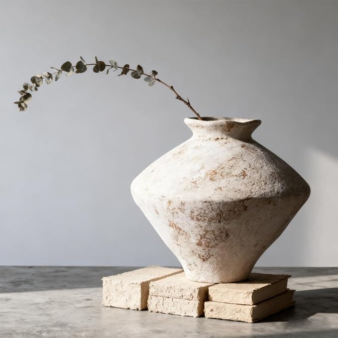 Whitewashed Terracotta Ceramic Vase, 11.5" Large Rustic Farmhouse Pottery Vase with Wide Mouth, Watertight Flower Vase for Fresh Flowers, Pampas Grass and Table Centerpieces Decor