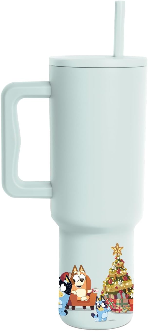 Simple Modern Holiday Bluey 40 oz Trek Tumbler with Handle and Straw Lid | Cup Holder Friendly Insulated Stainless Steel Travel Mug | Bluey Christmas Morning