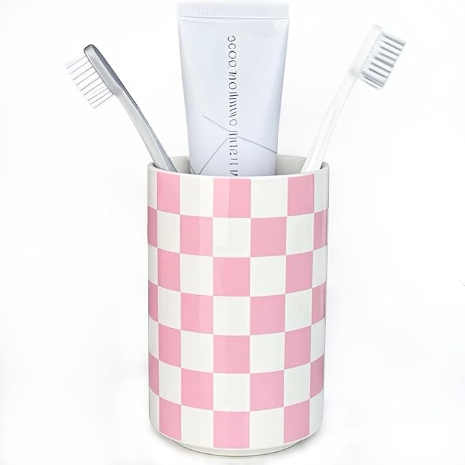 Ceramic Toothbrush Holder, Pink Toothbrush Holders for Bathrooms, Modern Cute Girly Tooth Brush Tumbler, Toothbrushes Toothpaste Cup for Bath Countertop Storage, Girls Bathroom Decor