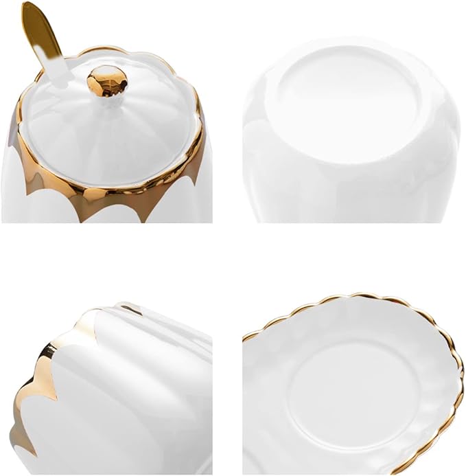Sugar Bowl with Lid and Spoon, Ceramic Condiment Container with Tray, Sugar and Salt Containers Set, Gold Condiment Spice Jars, White Seasoning Container Set of 3 for Kitchen Coffee Bar