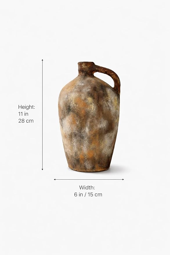Zorvia Handcrafted 11-Inch Terracotta Jug Vase with Handle – Naturally Pigmented Rustic Earthen Clay Decorative Pot, Artisan Pottery Accent for Farmhouse, Living Room, Bedroom, Shelf & Table Décor