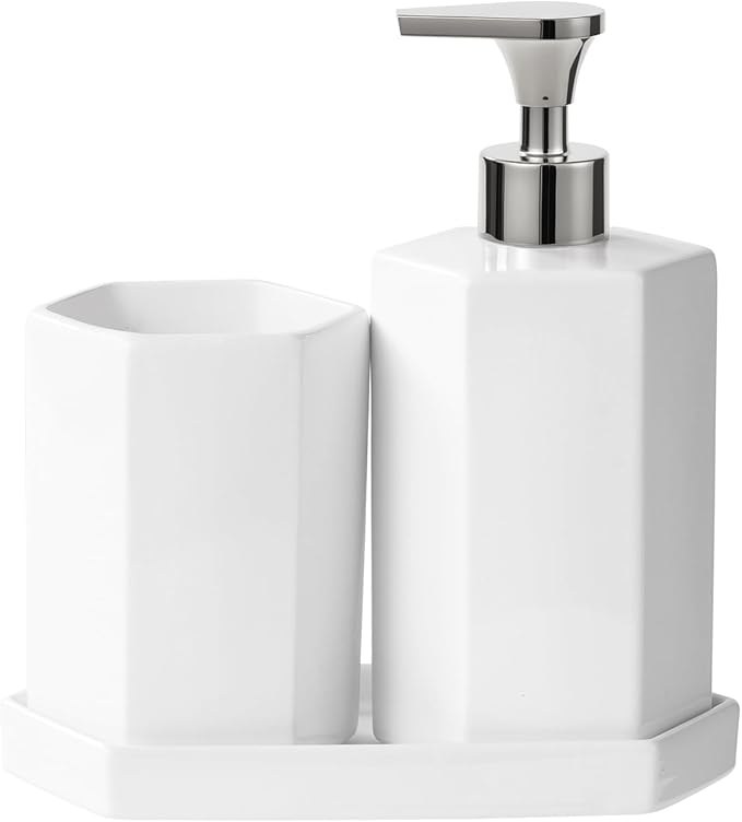 Silver Soap Dispenser Pump Ceramic Bathroom Accessories Complete with Soap Dispenser, Toothbrush Holder, Bathroom Tumbler, and Vanity Tray - Modern Bathroom Decor,3PCS