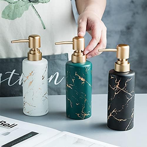 Gold Soap Dispenser for Bathroom or Kitchen, Skinny Ceramic Lotion Bottle with Marble Pattern, Rust-Free Pump(Dark Green)