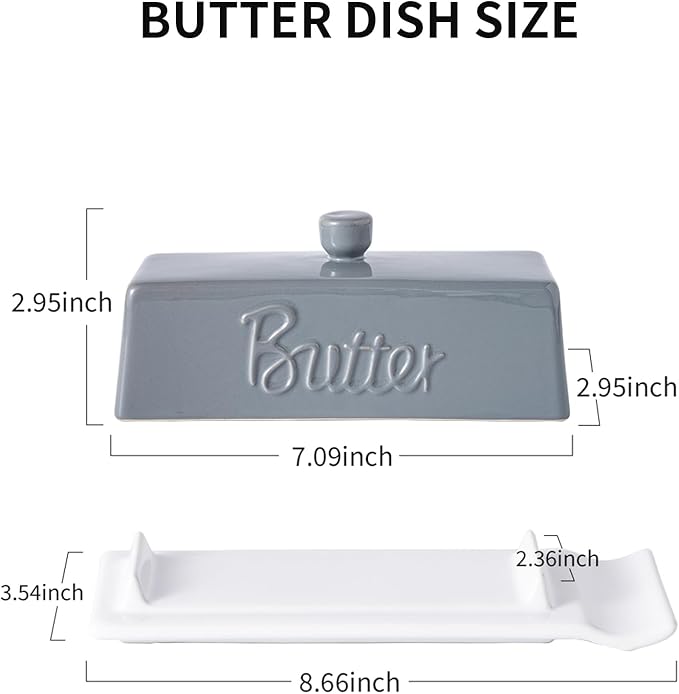 TEATALK Ceramic Butter Dish with Lid and Knife - Large Butter Holder, Farmhouse Style, 8-Inch Porcelain Butter Keeper with Scraper Edge, Grey