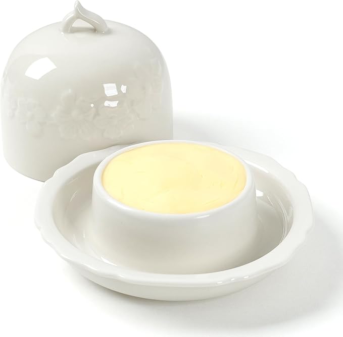 Butter dish, Ceramic Small Butter Dish with Lid, 2025 NEW Original Design Mini Butter Crock Keeper with Handle, 17 OZ Mini Butter Container Cover and Water Sealing 2 Ways Sealing (Flower)