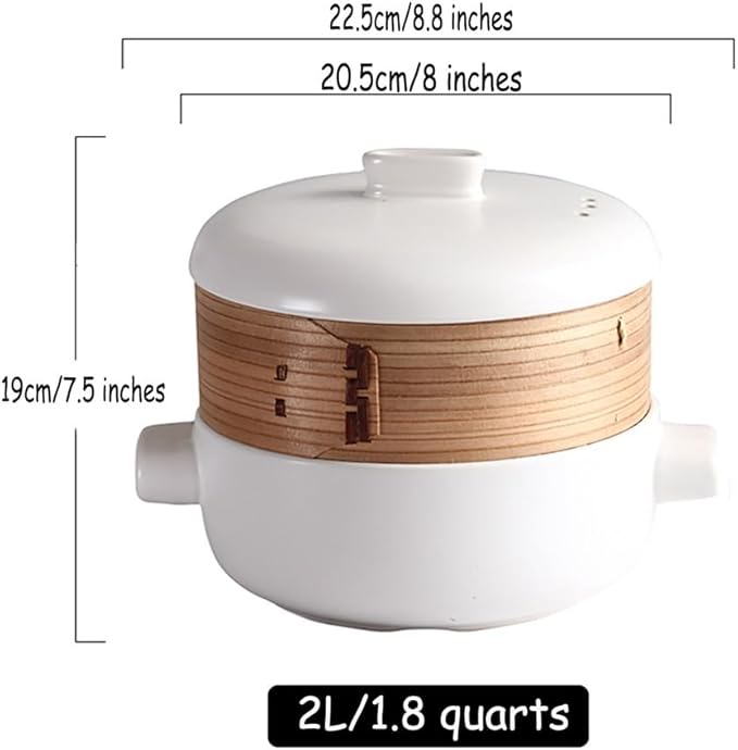 Steamer for Cooking Japanese Ceramic Hot Pot, Earthenware Clay Pot Casserole Steamer Cookware Stew Pot Stockpot with Lid & Steamer Basket for Healthy Cooking, Even Heating,White,2L