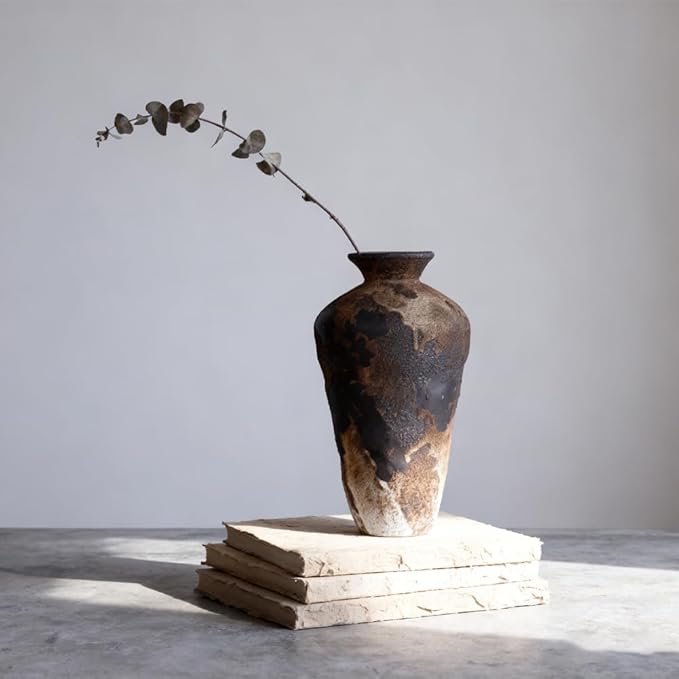 Wabi Sabi Ceramic Vase 9.1 Inch, Rustic Pottery Vase for Home Decor, Organic Textured Brown Black Vase for Pampas Grass, Coffee Table Shelf Farmhouse Decor