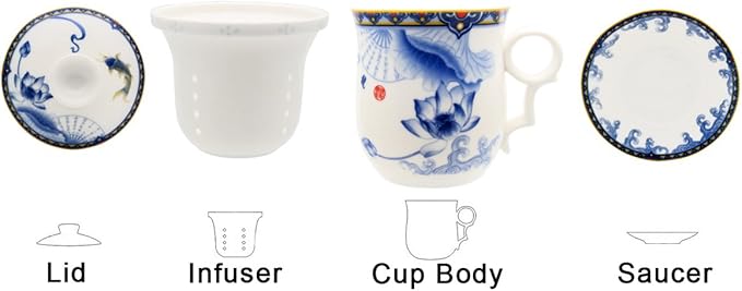 Porcelain Tea Cup with Infuser Lid and Saucer Sets - Chinese Jingdezhen Ceramics Coffee Mug Teacup Loose Leaf Tea Brewing System for Home Office