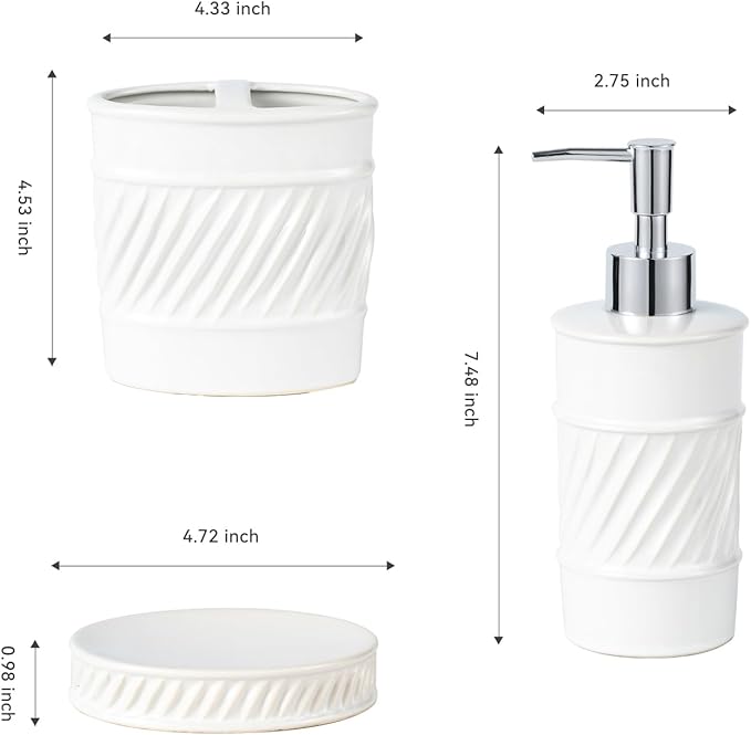3-Piece Ceramic Bathroom Accessories Set - Soap Dispenser, Toothbrush Holder & Soap Dish with Modern Wave Embossed Design for Bathroom Accessory Set (White)