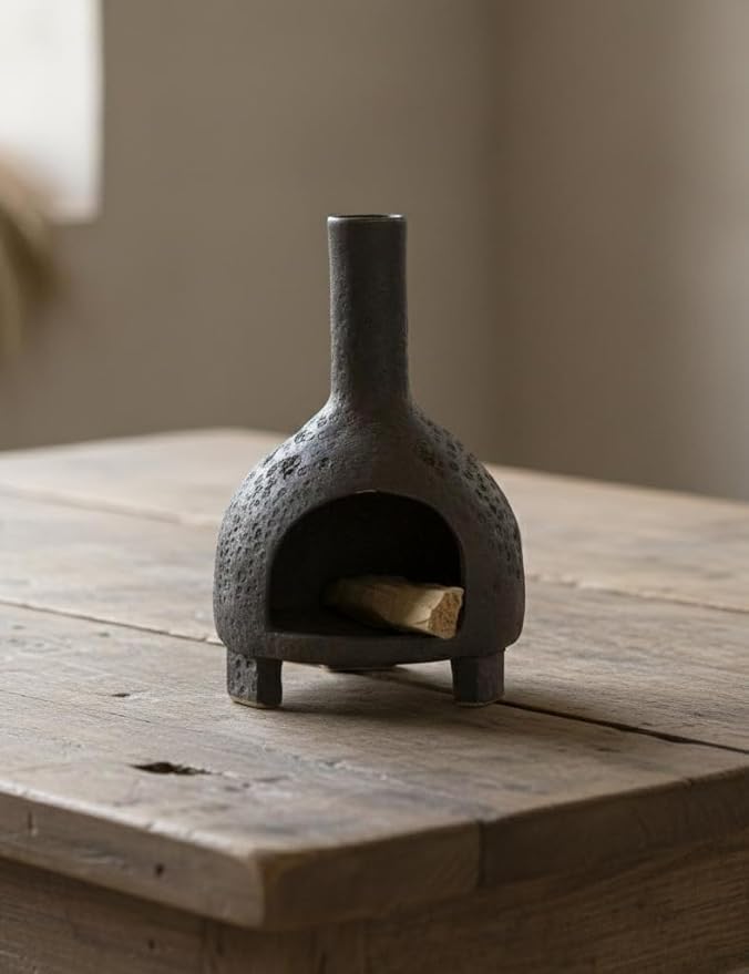 Sculptural Ceramic Incense Holder & Burner, Handmade Textured Clay with Black Glaze, for Sage & Palo Santo, Rustic Natural Centerpiece for Yoga & Meditation