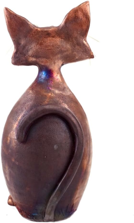 Modern Artisans American Made Whimsical Smiling Cat Raku Pottery Tabletop Sculpture, 10"