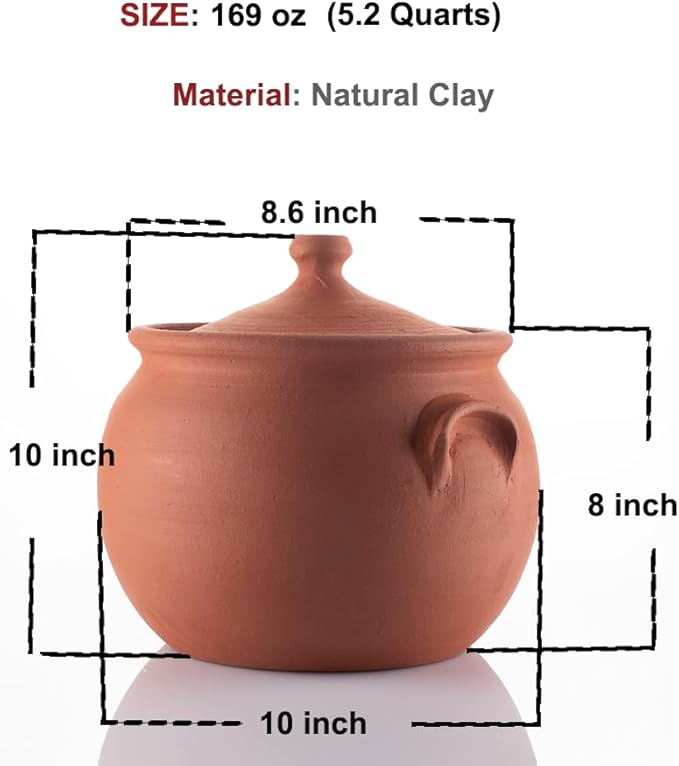Earthenware Clay Mud Eathern Terracotta Cooking Pot Pottery Cazuela Cookware with Lid Natural Stovetop Stove Top Stone Stew Rice Unglazed Mexican Indian Kitchen Oven Terra Cotta Handcrafted Traditional Healthy (5.2 Quarts - Size2)