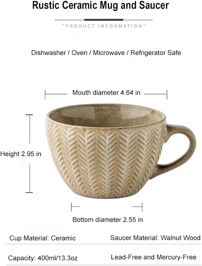 Large Mug, Ceramic Cup with Wood Saucer Set of 1, Cup for Coffee Tea Cereal Breakfast Milk Hot cocoa, Vintage Wheat Embossed Stoneware Mug, 13.3oz/400ml - Microwave Dishwasher Safe