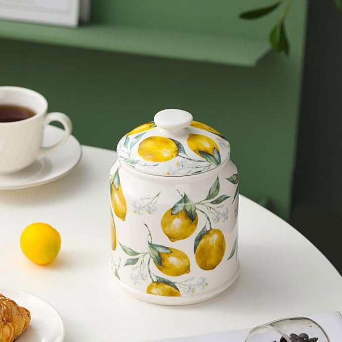 WAIT FLY Ceramic Tea Caddy Tea Canister Large Capacity Food Storage Jar Container for Tea, Coffee, Herb, Sugar, Spice, Nuts-Lemon-33 OZ