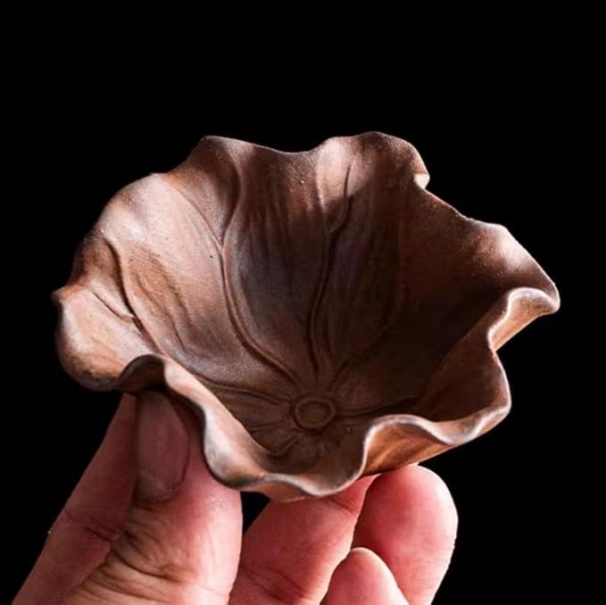 Handmade Chinese Rough Pottery Teacup, Vintage Zen Style Lotus Leaf Design, Small Gongfu Tea Cup for Tea Sake Wine, Earth Brown, Unique Gift for Tea Lovers