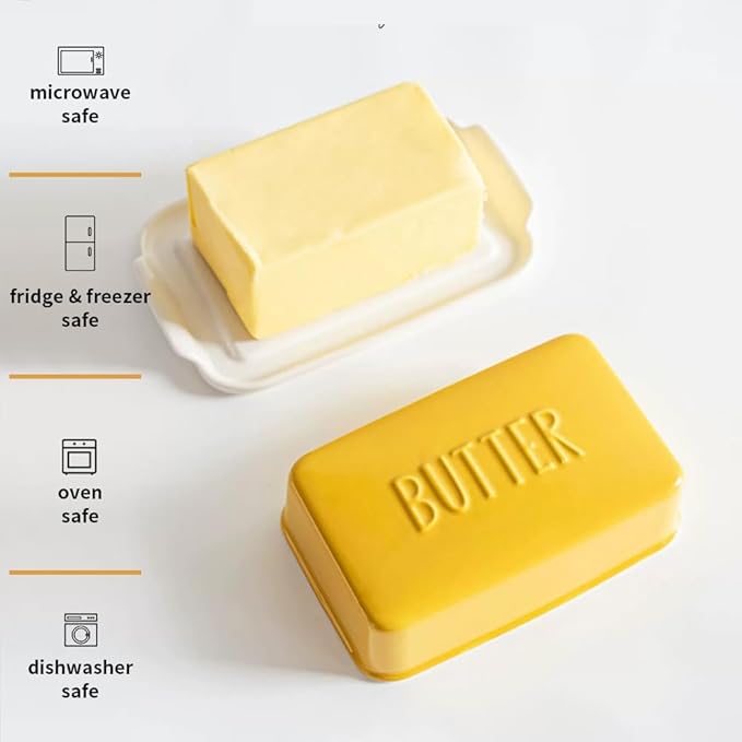Porcelain Covered Butter Dish with Lid for Countertop Butter Holder Container for One Stick of Butter. Textured Tray Butter Keeper for Non Slip Storage-Yellow