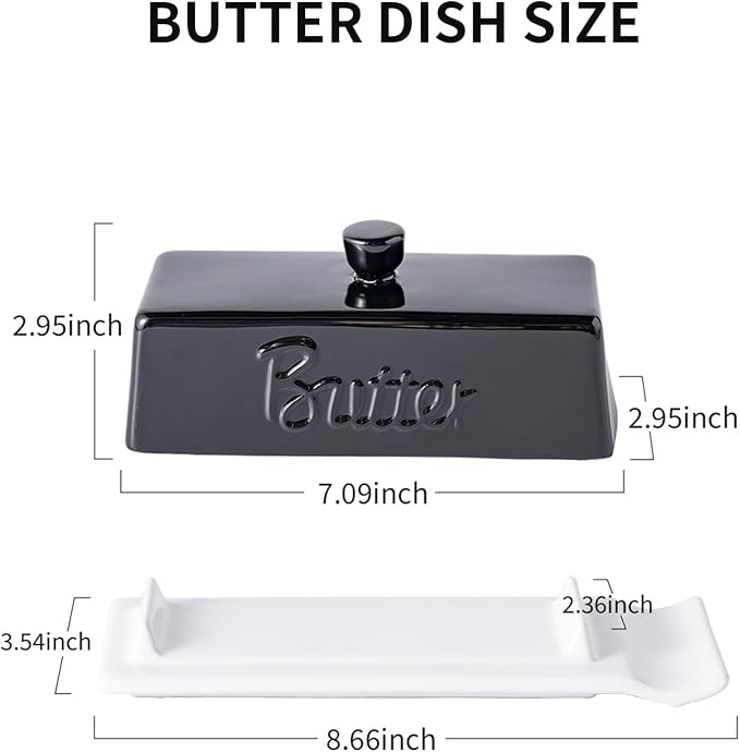 TEATALK Ceramic Butter Dish with Lid and Knife - Large Butter Holder, Farmhouse Style, 8-Inch Porcelain Butter Keeper with Scraper Edge, Black & White