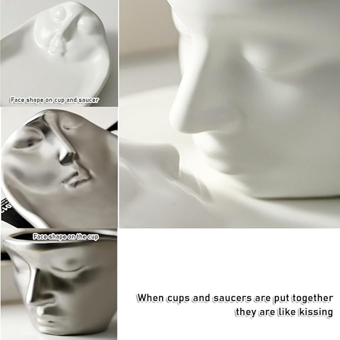 Abstract art teacup kissing lover stereo face sculpture coffee cup, 260ml ceramic coffee cup saucer(8.8oz)