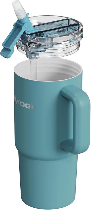 YOGI Ceramic Lined Metal Allergy Safe 24oz Tumbler with Handle and Straw Leakproof Flip & Sip Lid Vacuum Insulated Stainless Steel Travel Cup for Iced Coffee Water and All-Day Hydration 24oz Laguna