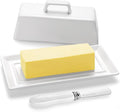 Yedio Porcelain Butter Dish with Lid and Knife for Countertop Refrigerator，White Ceramic Covered Butter Holder with Handle for East West Coast Butter Stick, Dishwasher Safe