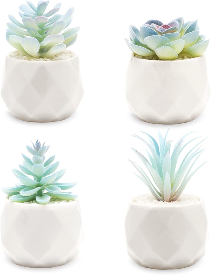 VIVERIE Mini Blue Artificial Succulent in Pots (White Ceramic, 4 Pot Set) Fake Plants for Indoors, Office Decor Blue Gift for Women, Office Home Decor Gifts, Faux Plant for Shelf/Desk/Bathroom Decor