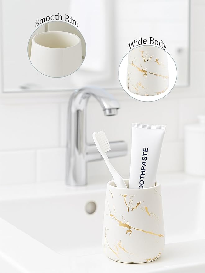 Marble Ceramic Toothbrush Holder Cup – 14.2oz Bathroom Tumbler for Toothbrushes, Makeup Brushes, or Rinsing, White with Gold Veins