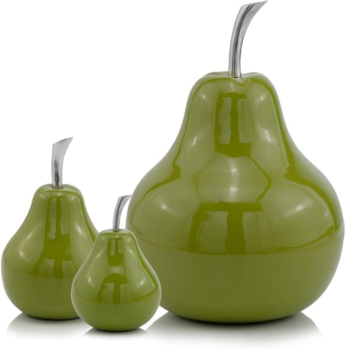 Modern Day Accents 3463 Peral Verde Green Pear, Fruit Decor, Gifts, Tabletop, Green Home Decor Centerpiece, Room Decor, Office Desk Decor, Green with Silver Stem, Sculpture, 6" L x 6" W x 9" H