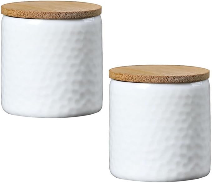 luzen 2Pcs Empty Small Ceramic Kitchen Food Tea Storage Canister Travel Portable Coffee Sugar Loose Tea Sealed Jar Pot Containers with Bamboo Lid for Storage Spices Powder Loose Tea Coffee, White