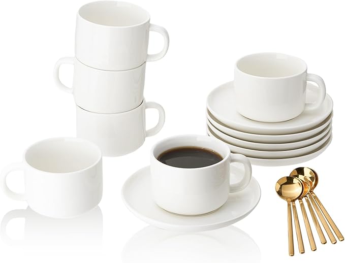 8oz Cappuccino Cups Set of 6, Ceramic Coffee Cups and Saucers Set with Spoons, Off-white Durable Coffee Cups for Cappuccino Espresso Latte Mocha Au Lait Macchiato Cafe