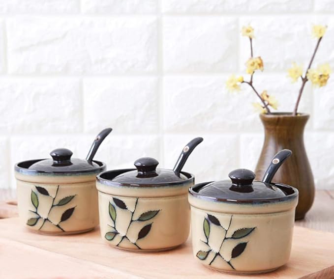 123Arts Ceramic Retro Flower Sugar Bowl Storage Jar Seasoning Pot with Lid And Spoon