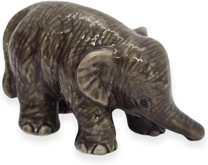 ChangThai Design Tiny 2" Gray Baby Elephant Bending Down Figurine - Miniature Hand Made Painted Ceramic Asian Elephants Cute Wildlife Animals Porcelain Decorative Collectible Figures Décor Gifts