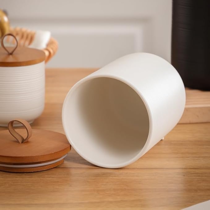 Food Storage Jar Strong Ceramic Storage Canisters with Airtight Wooden Lid,Kitchen Storage Containers for Serving Coffee Beans, Tea, Sugar, Salt, Spices (Little white 9 oz)