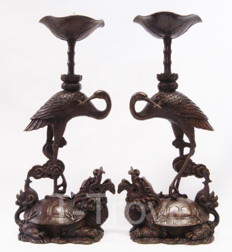 T-Trove Bronze Longevity Crane Candle Holder Pair