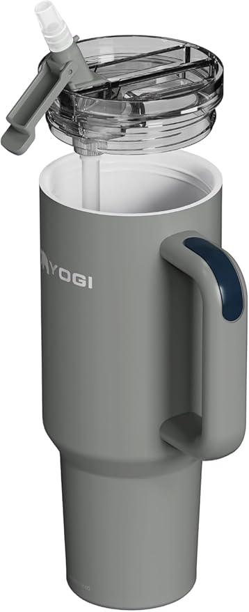 YOGI Ceramic Lined Metal Allergy Safe 40oz Tumbler with Handle and Straw Leakproof Flip & Sip Lid Vacuum Insulated Stainless Steel Travel Cup for Iced Coffee Water and All-Day Hydration 40oz Slate