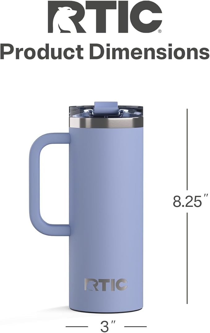 RTIC 20oz Road Trip Travel Mug with Lid and Handle, Ceramic Lined, Insulated, Stainless Steel, Metal, Double Wall Vacuum-Insulation, Portable Coffee, Tea Cup for Hot and Cold Drink, Periwinkle