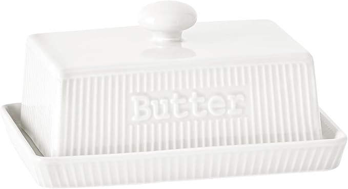 Large Butter Dish with Lid, 8oz Ceramic Butter Holder with Knob Handle, Striped Butter Keeper, Porcelain Butter Tray Butter Container for East & West Coast Butter, Farmhouse Kitchen Decor, White
