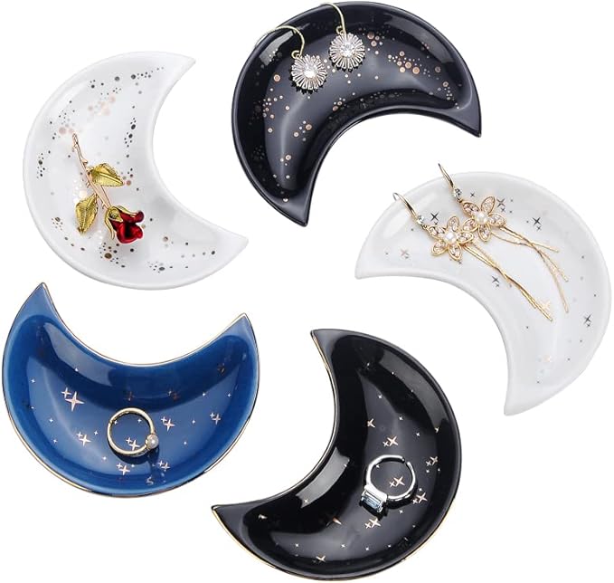 Moon Shape Jewelry Tray, Engagement Ring Tray, Blue Ring Dish for Women in Vanity Bathroom. Decorative Trinket Tray for Organizing Necklace Earrings, Ceramic.
