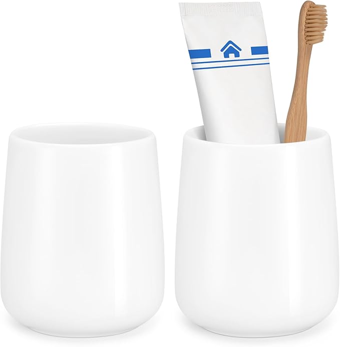 Bathroom Tumbler Cup Ceramic 2Pcs 13.5oz Reusable Toothbrush Cup 400ml,Toothbrush Holder Adequate for Your Bathroom (Shiny White)