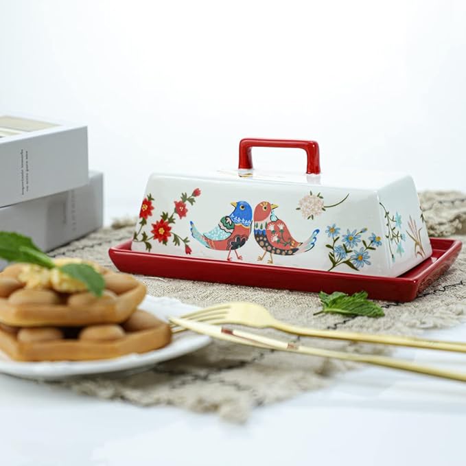 Sizikato Porcelain Butter Dish with Lid, Red Flower and Bird Pattern-7.5 Inch