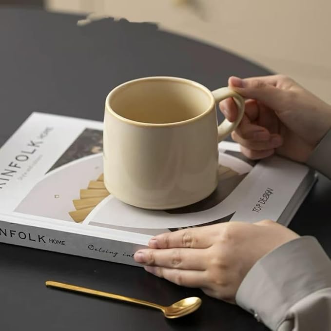 12oz Japanese Minimalistic Asian Aesthetic Rustic Handmade Ceramic Pottery Coffee Mug, Lead-Free Glaze Artisanal earthen Tea Mug, Sturdy Tea cup with handle, Handmade stoneware mugs for office (Biege)