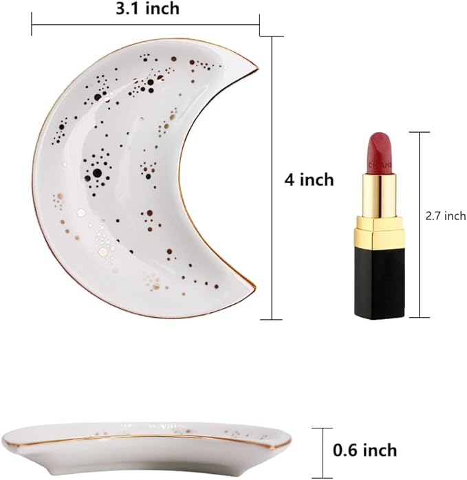 Soddeph Small Moon Ceramic Jewelry Tray, Decorative Trinket Dish, Ring Holder Plate, Modern Accent Tray for Bathroom, Nightstand, Entryway Table, Vanity (1, White)