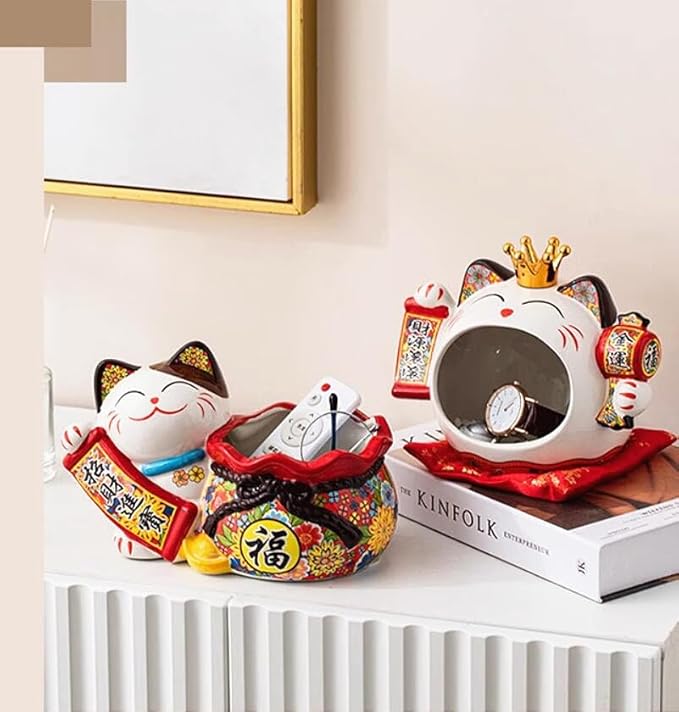 EatingBiting 9.4"x5.7" Japanese Ceramics Maneki Neko Cat & Lucky Money Pocket Ornament Collectible Figurine Storage Box Decoration Ornamental Art Sculpture Home Decor Decorative Beckoning